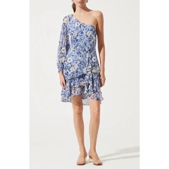 ✨ASTR Floral One Shoulder Long Sleeve Ruffled Mini Dress✨ - Picture 1 of 6